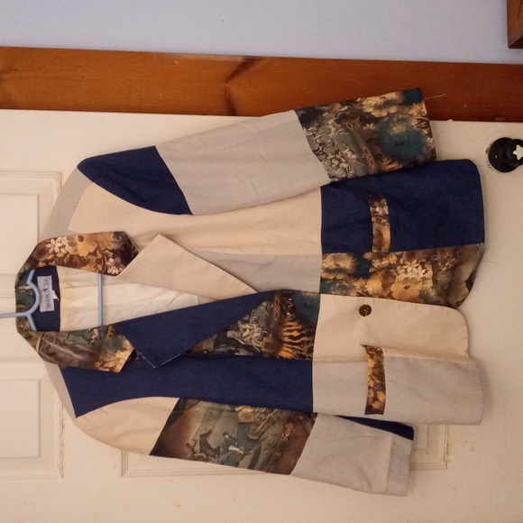 George A Ltd Unique Colorblock Linen/Poly Blazer W/ Hunting Scene Pattern - Picture 4 of 12